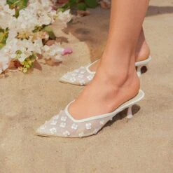 CLARA PEARL HEELS TRUE WHITE DAISY MESH(Clara Pearl Heels True White Daisy Mesh) -Dolce Vita Sale Store CLARA PEARL TRUE WHITE DAISY MESH