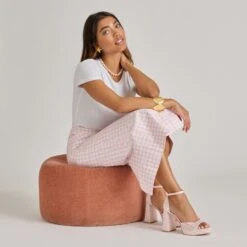 PANDRO X BYRDIE GOLF HEELS PINK PLAID GINGHAM(Pandro X Byrdie Golf Heels Pink Plaid Gingham) -Dolce Vita Sale Store DOLCEVITA HEELS PANDROBYRDIES PINKPLAID ONFOOT 02